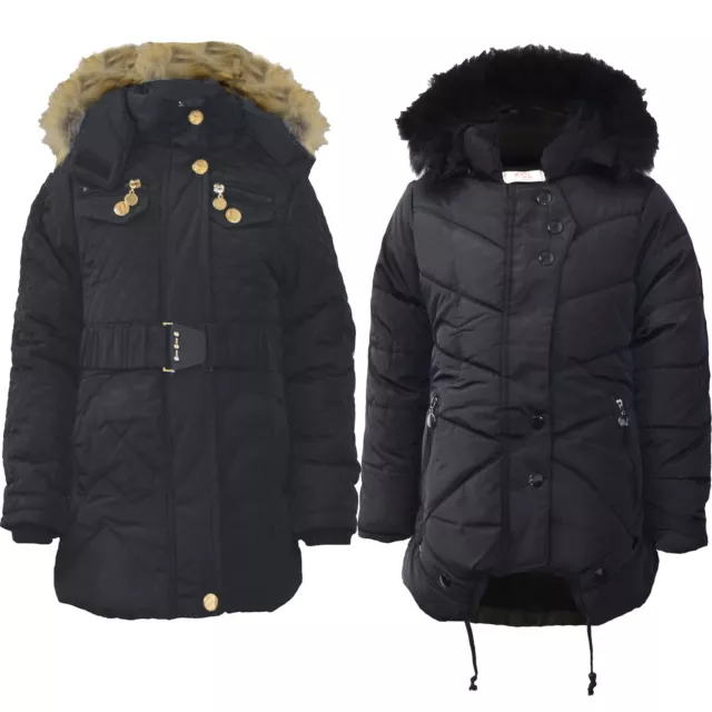 Kids Padded Coat Girls Quilted Winter Jacket Zip Detach Hood Fur Lining 5-13 Y