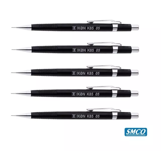 5 MECHANICAL PROPELLING PENCILS 0.5mm Black Barrel IKON K85 Like Pentel BY SMCO