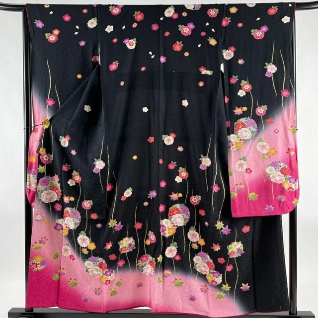 Woman Japanese Kimono Furisode Silk Flower Circle Embroidery Gold Foil Black