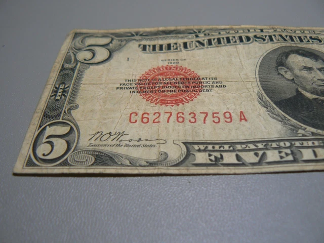 1928 Five Dollar Bill $5 United States Note Red Seal 2