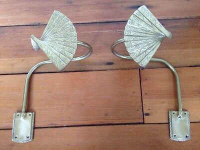 Vintage Pair Solid Brass Japanese Fan Decorative Curtain Tie Backs Wall Mount