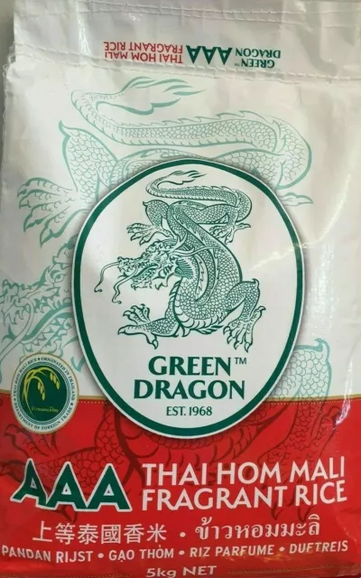 Green Dragon Thai Hom Mali Fragrant Rice, AAA, Thai Jasmine Rice 2021 crop - 5kg