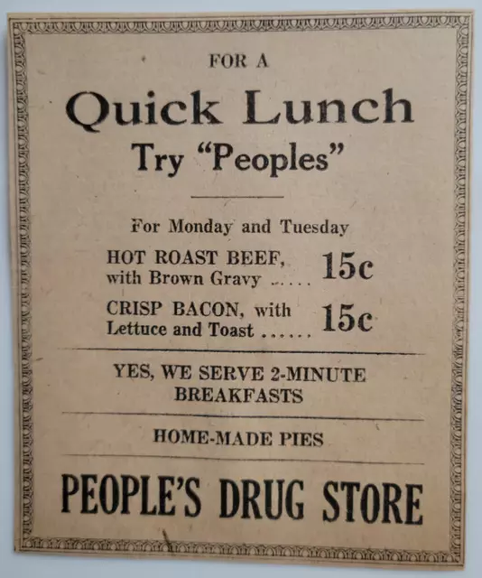 People's Drug Store West Virginia Restaurant Lunch Menu 1931 Original Ad ~4x5"
