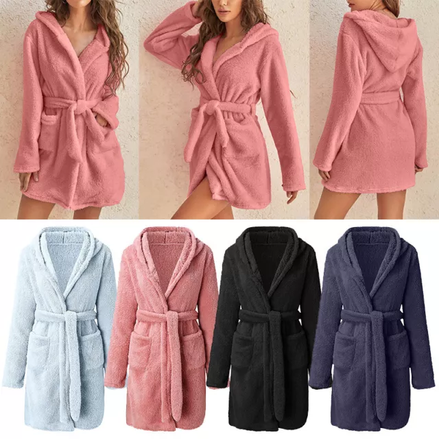 Ladies Warm Hooded Fuzzy Plush Bathrobe Womens Plain Solid Color Sleeping Robe.