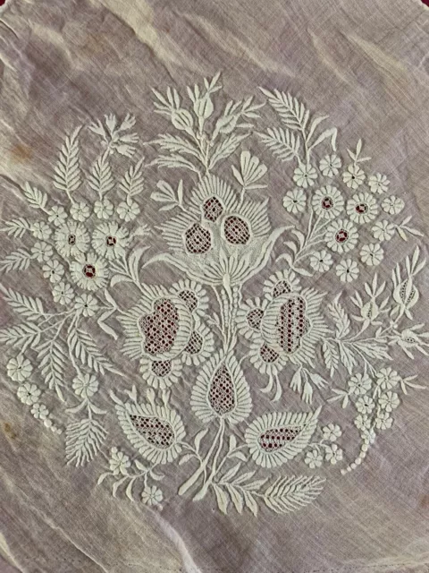 Stunning French Antique Hand Embroidered FOND DE BONNET on Muslin 1800s