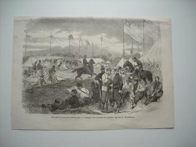 Gravure 1864. Systemes De Railsways Etablis Transport Des Riflemen Tir Wimbledon