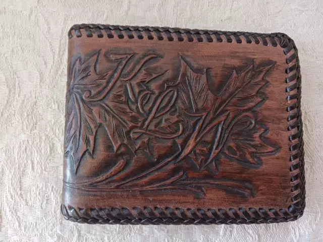 Vtg Hand Tooled Brown Leather Wallet Folding Billfold Leaf Patterns KLW Initials