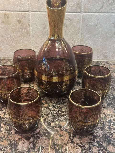 Venetian Murano Italian Hand Blown Gold Trim Wine Decanter 6 Glasses Made 1988