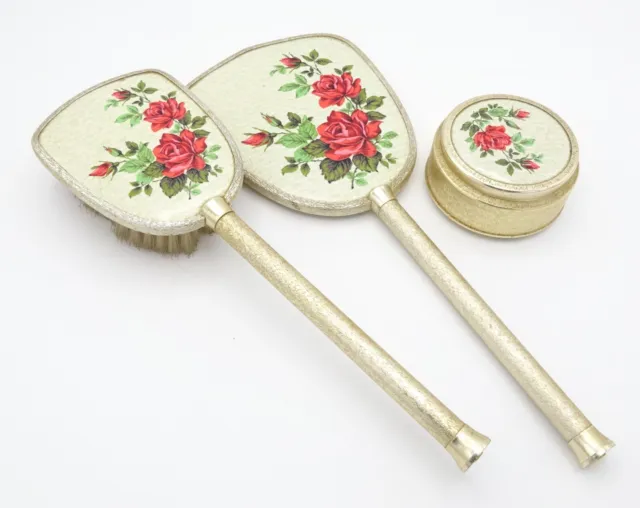 Vintage English Dressing Table Set Brush Pot Mirror Rose Pattern