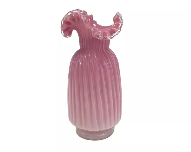 Antique Victorian Art Glass Vase, 11" Hand Blown Ribbed Pink Cased Ruffled Rim