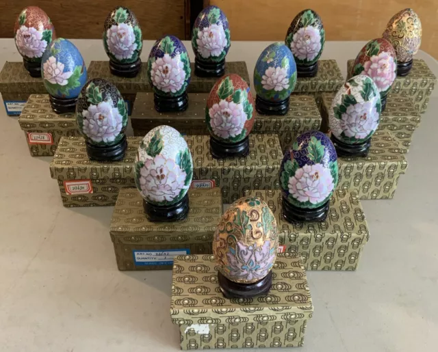 Lot 15 Vintage Chinese Cloisonné Enamel Decorative Egg with Wooden Display Stand