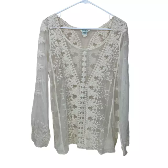 Sundance Size L  Embroidered Lace Sheer Tunic Top Blouse Ivory Cream