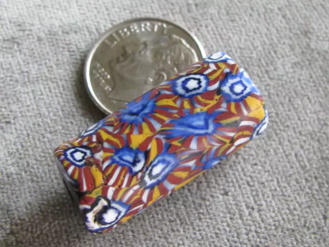 Antique Venetian Millefiori Trade Bead Blue White Mustard Brick Red 27x13mm