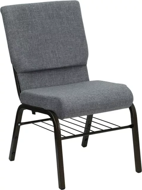 10 PACK 18.5'' Wide Gray Fabric Church Chair with Book Rack and Gold Vein Frame