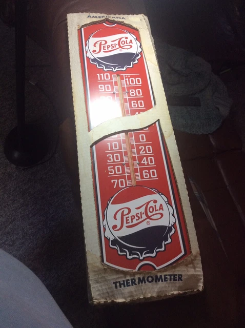PEPSI COLA  Metal Tin Sign Thermometer 27in X 8in. Bottle Cap - Working in box
