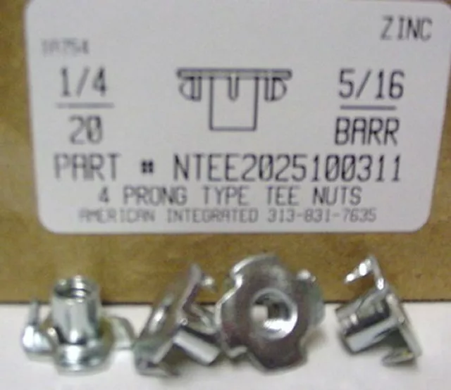 1/4-20 T-Nuts 5/16" Barrel 4 Prong Steel Zinc Plated (50)