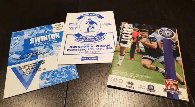 3 SWINTON v WIGAN/TOULOUSE OLYMPIQUE RUGBY LEAGUE Programmes 1984/1986/2017