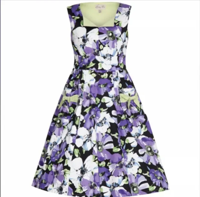 BNWT Lindy Bop Sz12 ‘Lamour' Purple Floral 50s Vintage Style Dress With Pockets