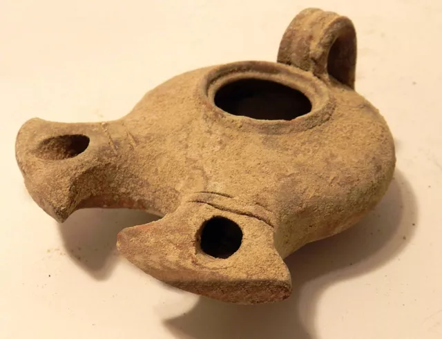 Oil lamp Holy Land Ancient Antique Roman Clay Pottery 2 Nozzles Jerusalem R