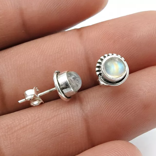 Natural Rainbow Moonstone Gemstone Stud Earrings 925 Sterling Silver Jewelry W14