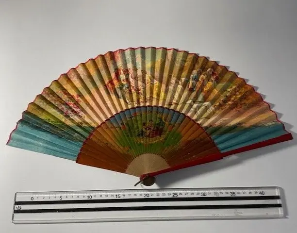 Antique Georgian / Victorian Hand painted paper Fan 21 inch red wood metal ring