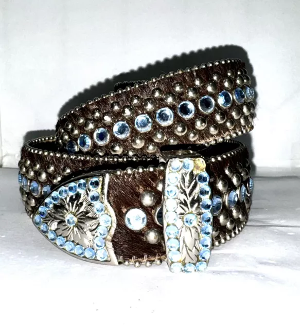 BB Simon Womens Leather Cowhide Rhinestone Studded Bling Belt Size Medium