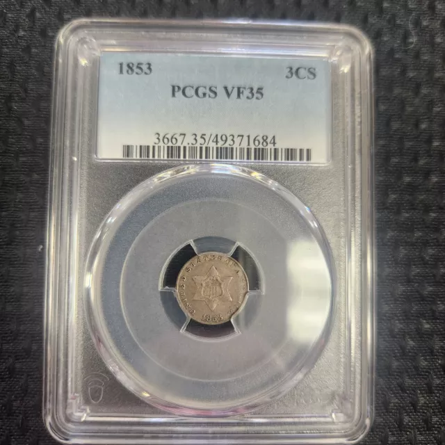 1853 Three Cent Silver 3CS,PCGS VF-35 - Nice Original Coin