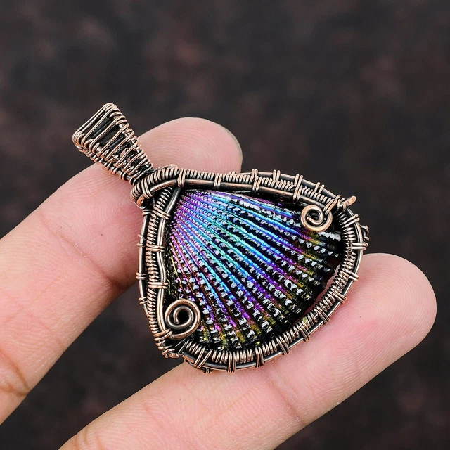Titanium Coated Shell Jewelry Copper Gift For Mum Wire Wrapped Pendant 1.93"
