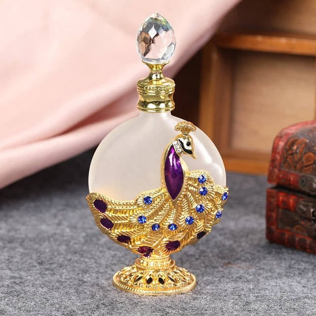 Peacock Feather Vintage Style Perfume Bottle 30mL Royal Gold Reusable New