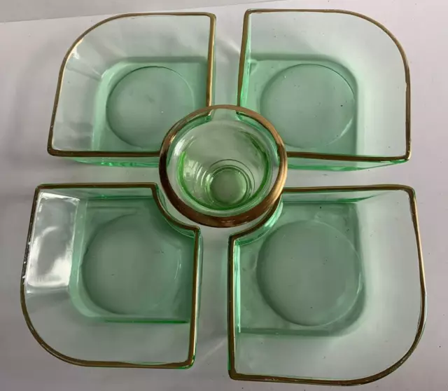 5 Pc Appetizer Condiment Set Dip Dish Green Tint Glass Gold Trim Spring Easter