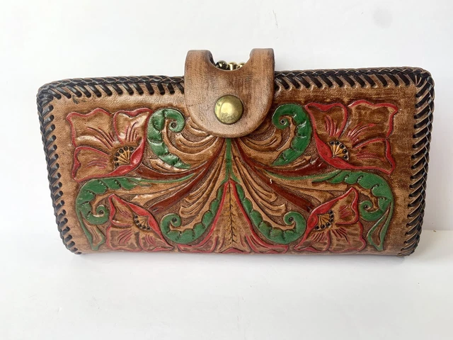 Leather Wallet Vintage Western Floral Brown Tooled Embossed Hand Stitched-EXC