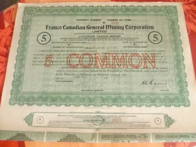 Très rare lot de 2 actions : Franco Canadian General Mining Corporation