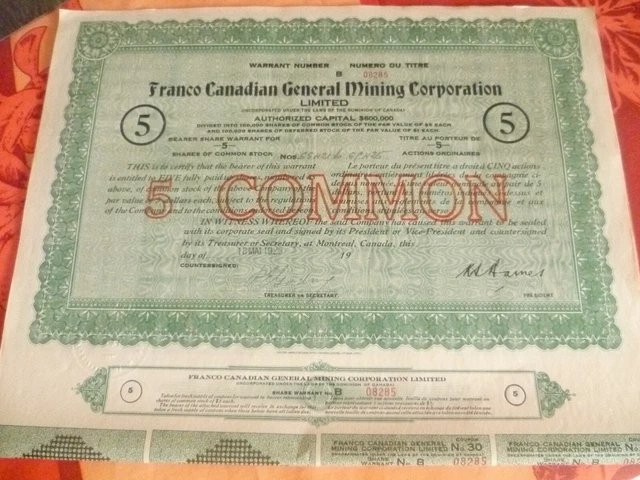 Très rare lot de 2 actions : Franco Canadian General Mining Corporation