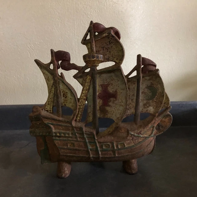 Vintage Antique Rusty Cast Iron Galleon Ship Door Stop No. 205 Nautical