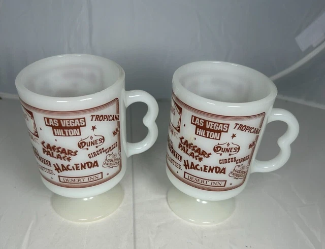 2 Vintage Las Vegas Pedestal Coffee Mugs Casinos Milk Glass White Brown Letters