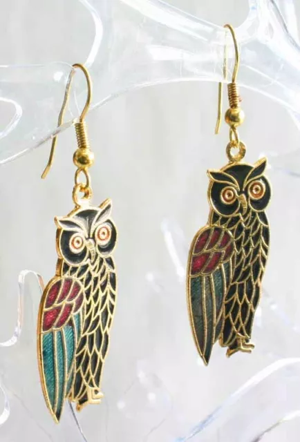 Fabulous Ancient Style Genuine Cloisonne Enamel  Owl Earrings 1970s vint. 1 1/2"