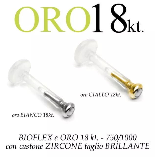 Piercing Labret Bioflex Tragus Oreille avec Zircon Oro BIANCO 18kt. White Or
