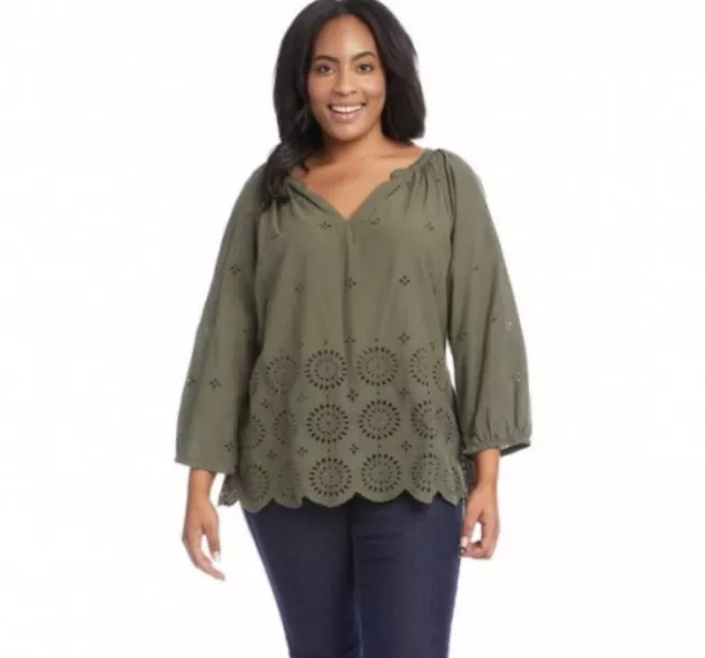 Karen Kane Women’s Plus Size Eyelet Border Peasant Top  Olive Size 3X