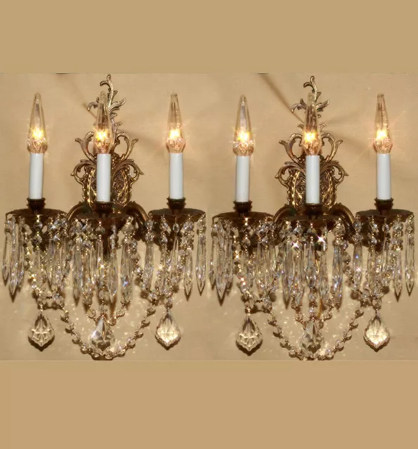 2 Vintage brass Bronze Crystal lamp Sconces ROCOCO French Insp Dining lights old