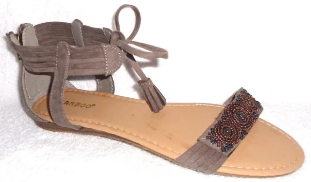 Bamboo Mason 34 Taupe Sueded Beaded Low Wedge Ankle Strap Sandals 10 M