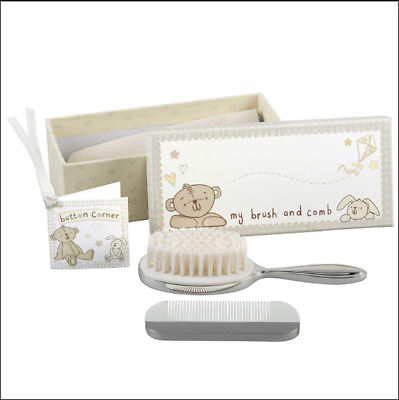 Button Corner Brush & Comb Christening or Baby Gift Set - Silver Plated