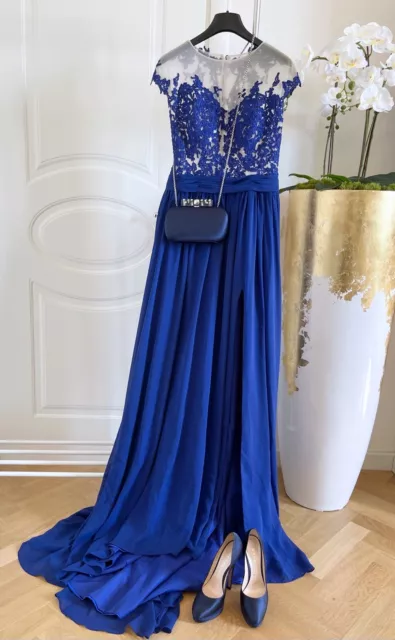 Hebeos abito vestito donna elegante lungo blu pizzo cerimonia matrimonio evento