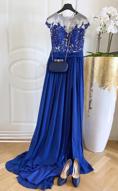 Hebeos abito vestito donna elegante lungo blu pizzo cerimonia matrimonio evento.