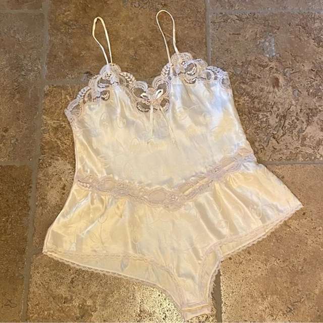 Vintage CHRISTIAN DIOR Cream Lace Floral Print Romper Lingerie Size Medium
