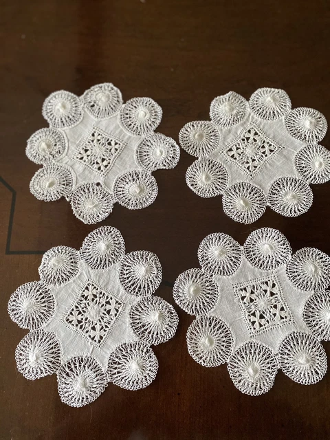 Antique Handmade Linen DOILIES w/TENERIFE Lace  And Maltese Crosses 4 @ 5 1/2"