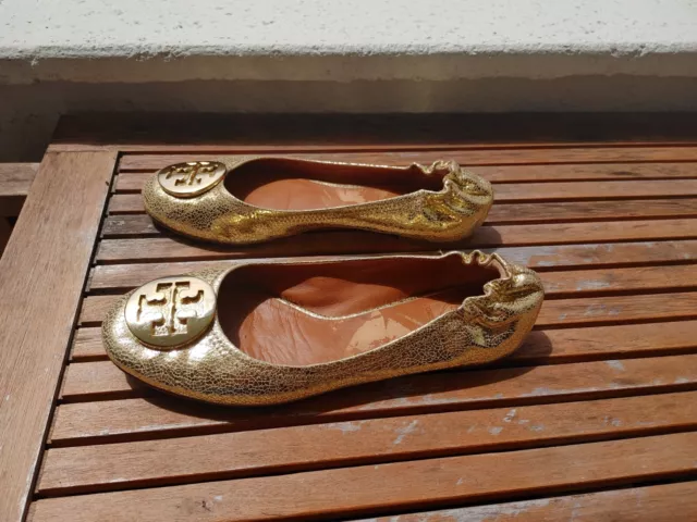 Tory Burch Reva Crackled Metallic Ballerina Flat Gold Shoes Size 8 - SOLD OUT 3