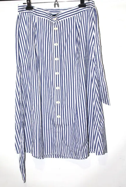 TALBOTS White & Blue Striped Seersucker Button Front Midi Skirt W/ Belt. Size 12