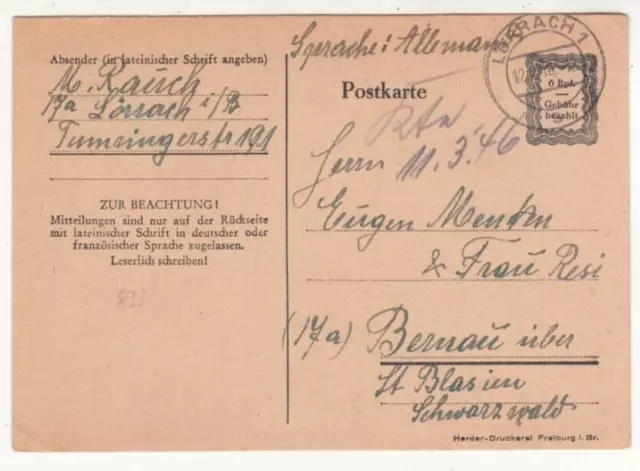 Französische Zone Not Ganzsache mit Gebühr bezahlt Aufdruck, Lörrach 1946