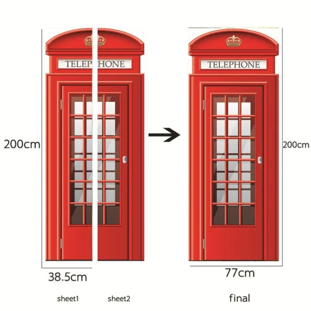 3D Door Wall Sticker Art Decals Self Adhesive Mural Telephone Booth Home Decor