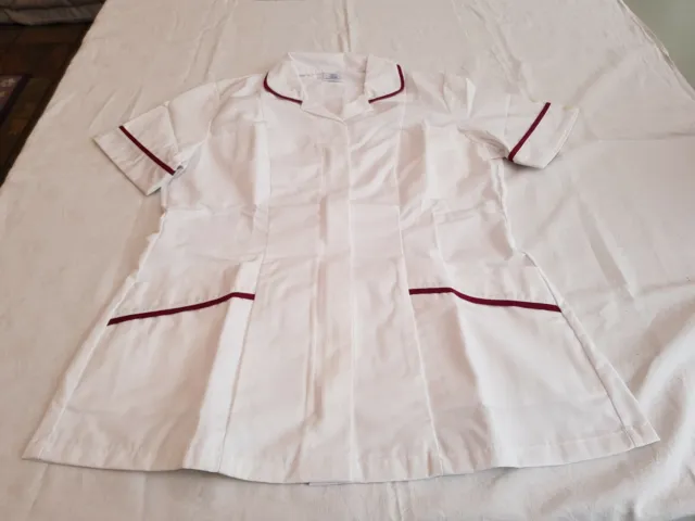 Ladies White Tunic Top & Burgundy Trim Hospital Salon Carer Dentist Size 39.5"